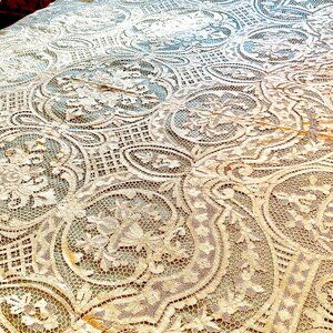 Antique Bobbin Lace Point de Venise Tea Color Tablecloth Early 1900's 100" x 66"